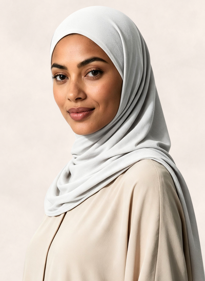 Close-up of woman wearing Nasma Instant Airy Jersey Hijab in Blanc white shade.
