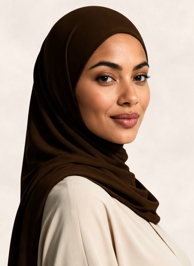 Close-up of woman wearing Nasma Instant Airy Jersey Hijab in Cocoa brown shade