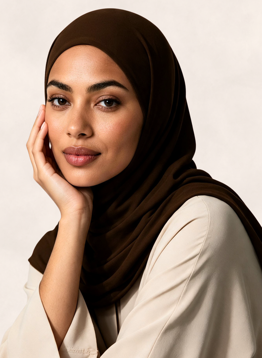 Woman wearing Nasma Instant Airy Jersey Hijab in Cocoa brown shade, right side angle view