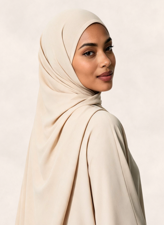 Close-up of woman wearing Nasma Instant Airy Jersey Hijab in Cream shade