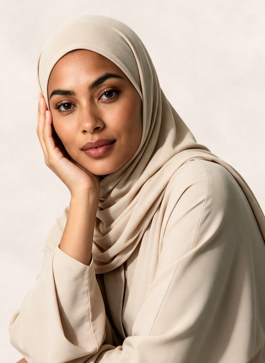 Woman wearing Nasma Instant Airy Jersey Hijab in Cream shade, side profile view, no text overlay