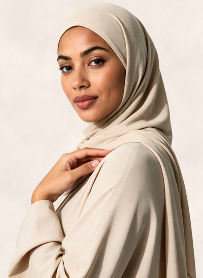 Woman wearing Nasma Instant Airy Jersey Hijab in Cream shade, right side angle view
