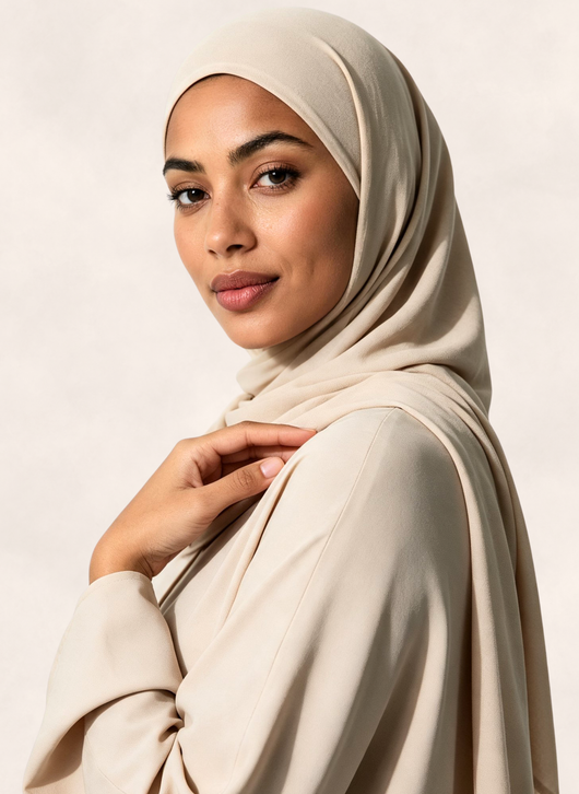 Woman wearing Nasma Instant Airy Jersey Hijab in Cream shade, right side angle view