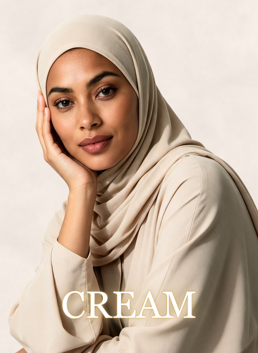 Woman wearing Nasma Instant Airy Jersey Hijab in Cream shade, side profile view, with shade name overlay