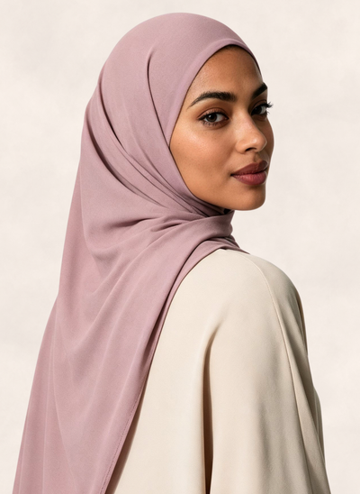Woman wearing Nasma Instant Airy Jersey Hijab in Mauve dusty pink shade, side profile view, no text overlay