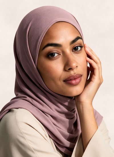 Woman wearing Nasma Instant Airy Jersey Hijab in Mauve dusty pink shade, right side angle view