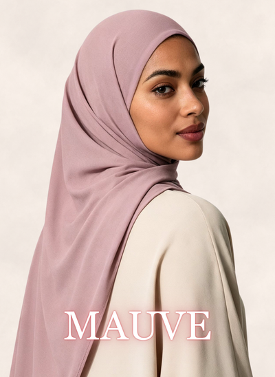 Woman wearing Nasma Instant Airy Jersey Hijab in Mauve dusty pink shade, side profile view, with shade name overlay