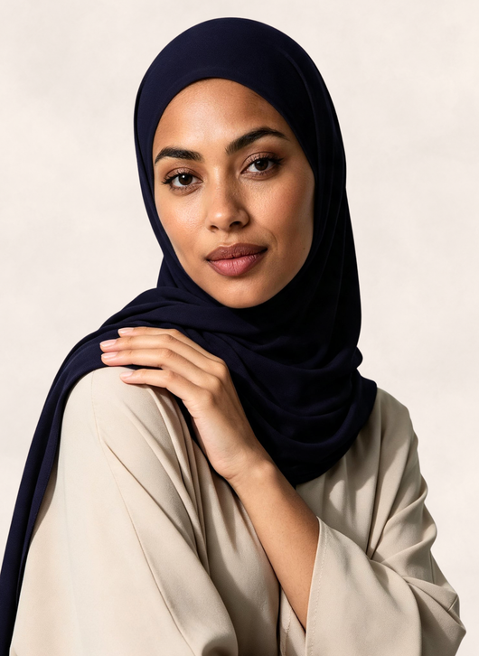 Close-up of woman wearing Nasma Instant Airy Jersey Hijab in Midnight navy shade