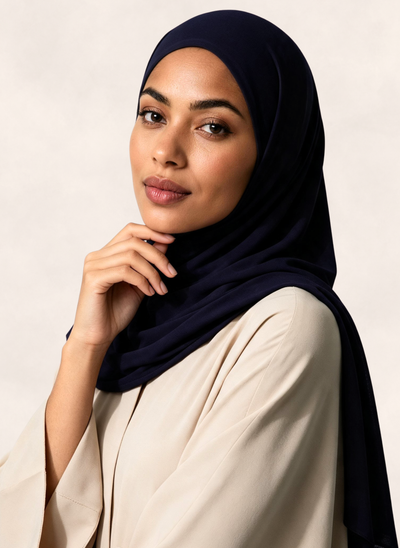 Woman wearing Nasma Instant Airy Jersey Hijab in Midnight navy shade, right side angle view
