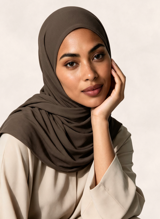 Close-up of woman wearing Nasma Instant Airy Jersey Hijab in Mocha brown shade