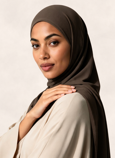 Woman wearing Nasma Instant Airy Jersey Hijab in Mocha brown shade, side profile view, no text overlay