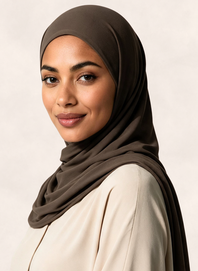 Woman wearing Nasma Instant Airy Jersey Hijab in Mocha brown shade, right side angle view