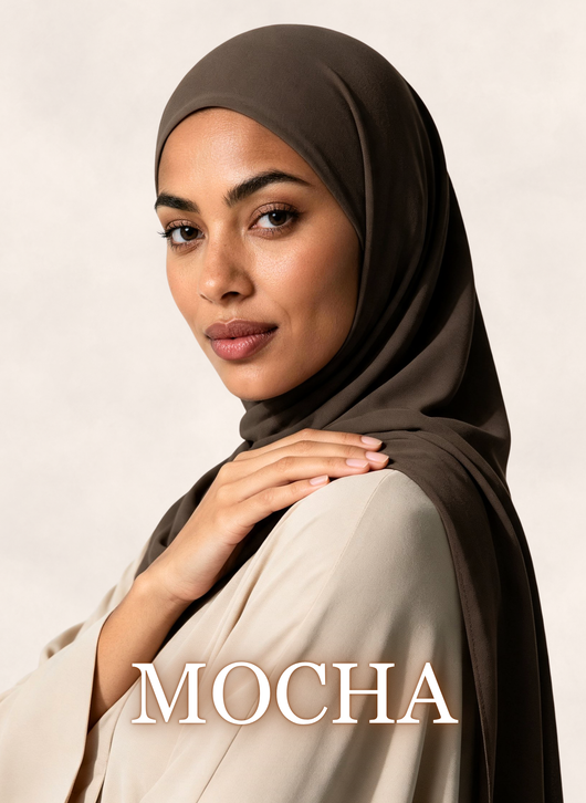 Woman wearing Nasma Instant Airy Jersey Hijab in Mocha brown shade, side profile view, with shade name overlay