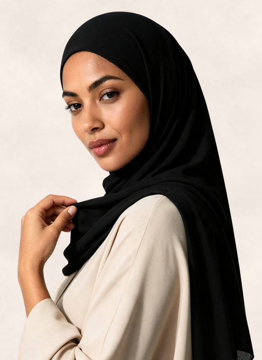 Close-up of woman wearing Nasma Instant Airy Jersey Hijab in Noir black shade