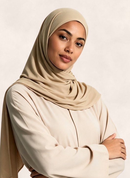 Close-up of woman wearing Nasma Instant Airy Jersey Hijab in Oat beige shade