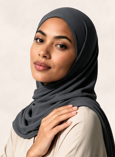 Close-up of woman wearing Nasma Instant Airy Jersey Hijab in Slate gray shade