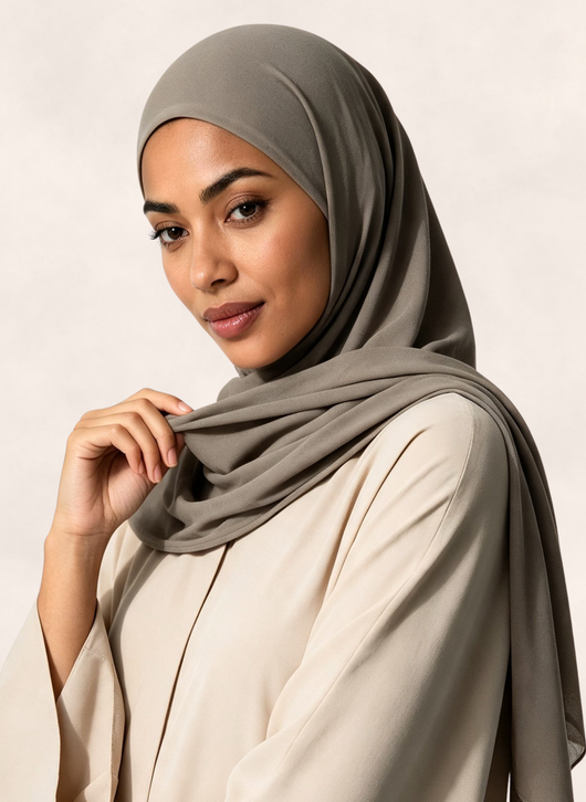 Close-up of woman wearing Nasma Instant Airy Jersey Hijab in Taupe shade