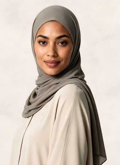 Woman wearing Nasma Instant Airy Jersey Hijab in Taupe shade, side profile view, no text overlay