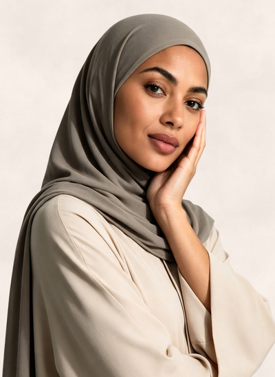 Woman wearing Nasma Instant Airy Jersey Hijab in Taupe shade, right side angle view