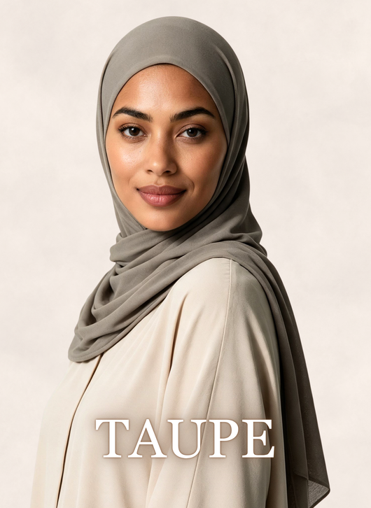 Woman wearing Nasma Instant Airy Jersey Hijab in Taupe shade, side profile view, with shade name overlay