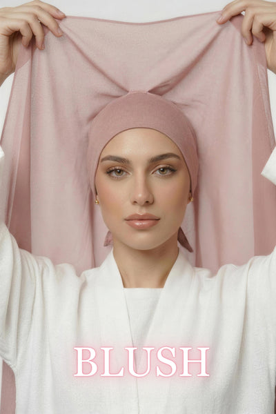 Woman wearing new Nuramira blush instant chiffon hijab with upgraded adjustable mesh undercap with grip