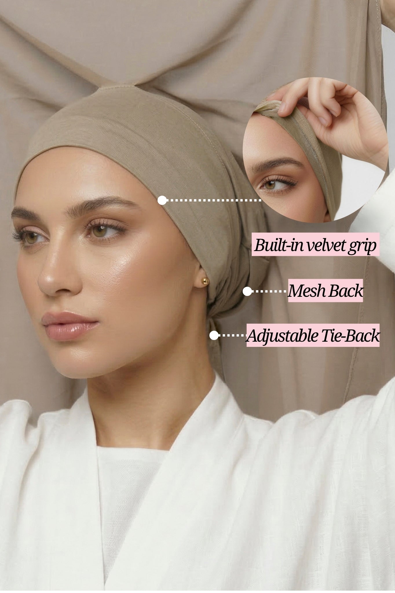 Close-up infographic of  the new Nuramira upgraded undercap with built-in velvet grip, mesh back, and adjustable tie-back in white studio