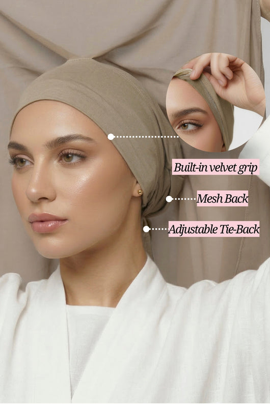 Close-up infographic of  the new Nuramira upgraded undercap with built-in velvet grip, mesh back, and adjustable tie-back in white studio