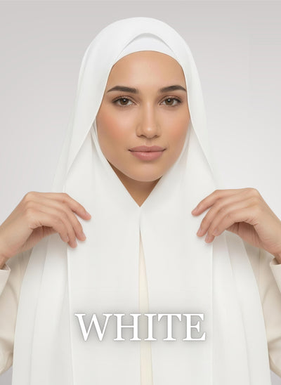 a hijabi wearing flowy instant chiffon hijab. in white color showcasing the magnet and soft fabric against white studio background