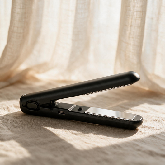 NurAmira Hijab Straightener in Noir black shade, closed on fabric surface.