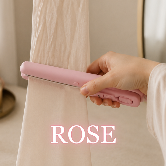 NurAmira Hijab Straightener in Rose pink shade, straightening a beige hijab.