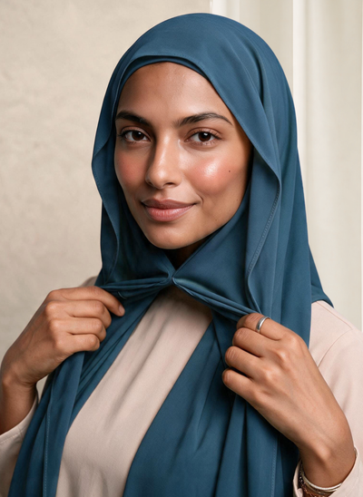Woman wearing NurAmira Instant Chiffon Hijab in Bahr deep teal-blue shade, magnet closure style.