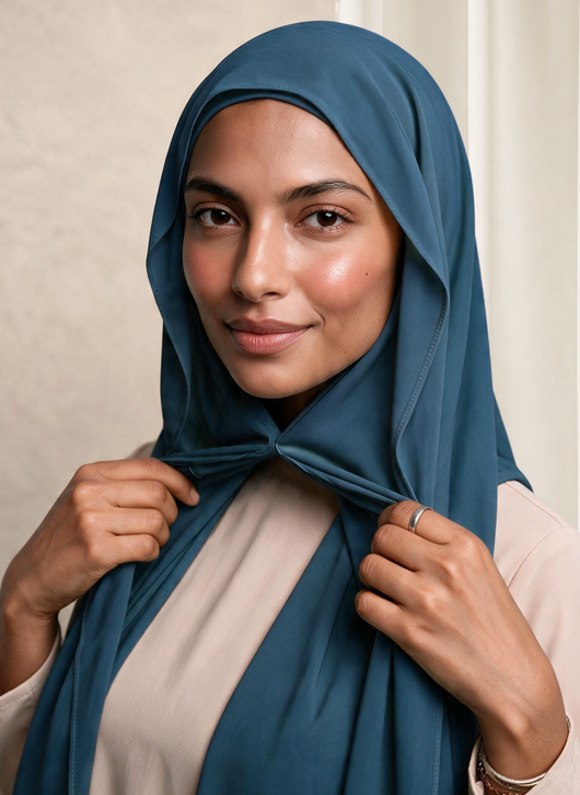 Woman wearing NurAmira Instant Chiffon Hijab in Bahr deep teal-blue shade, magnet closure style.