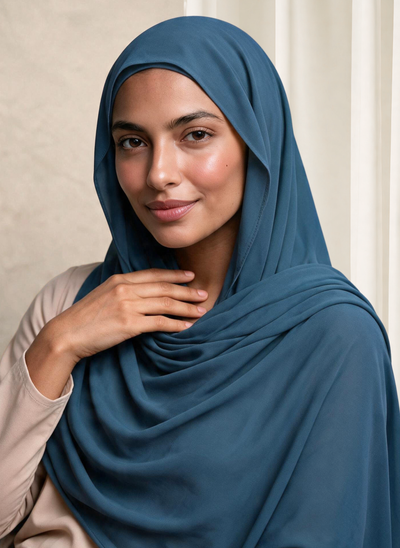 Woman wearing NurAmira Instant Chiffon Hijab in Bahr deep teal-blue shade, draped over shoulder style.