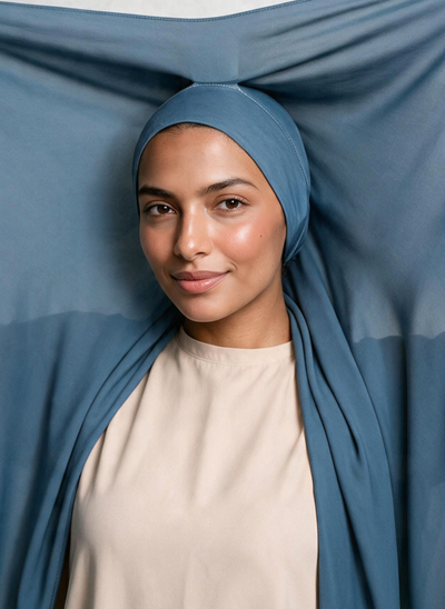 Woman wearing NurAmira Instant Chiffon Hijab in Bahr deep teal-blue shade, undercap style.