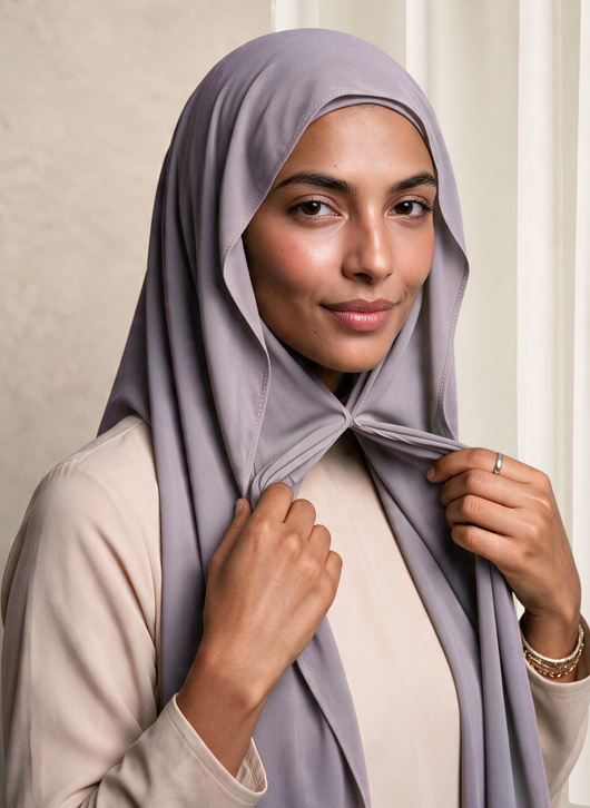 Image 3: "Woman wearing NurAmira Instant Chiffon Hijab in Duman lavender-gray shade, magnet closure style.