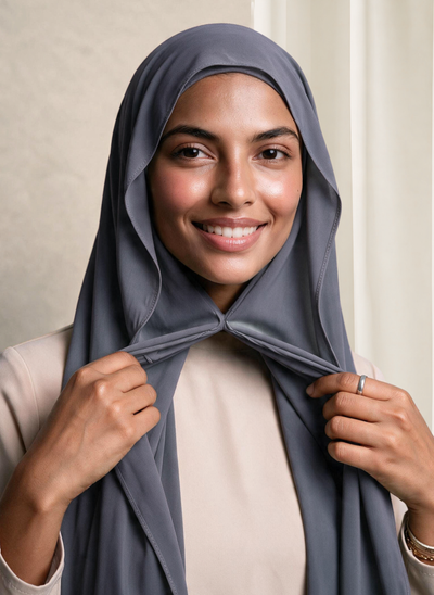 Woman wearing NurAmira Instant Chiffon Hijab in Fjord slate-gray shade, smiling, draped and knotted style.