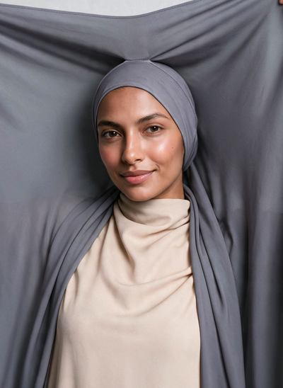 Woman wearing NurAmira Instant Chiffon Hijab in Fjord slate-gray shade, undercap style.