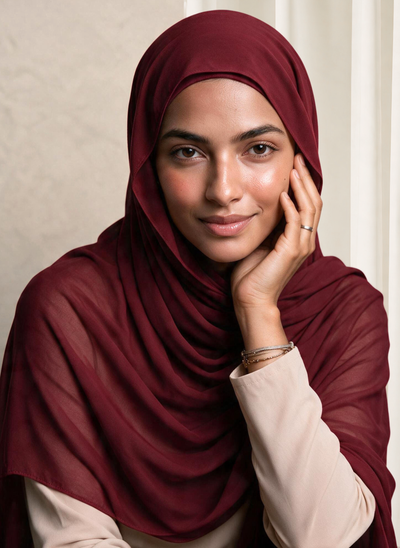 Woman wearing NurAmira Instant Chiffon Hijab in Garnet deep red shade, relaxed draped style.