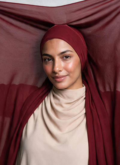 Woman wearing NurAmira Instant Chiffon Hijab in Garnet deep red shade, undercap style.