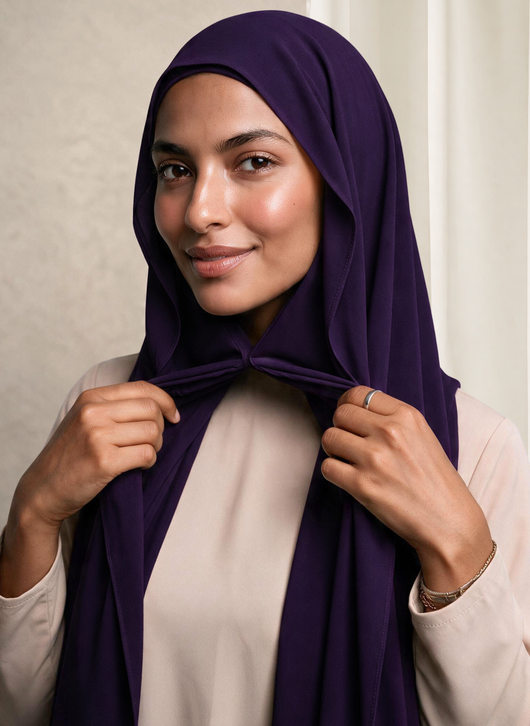 Woman wearing NurAmira Instant Chiffon Hijab in Iris deep purple shade, magnet closure style.