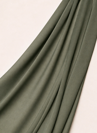 Close-up of NurAmira Instant Chiffon Hijab fabric texture in Olive green shade, soft draped folds.