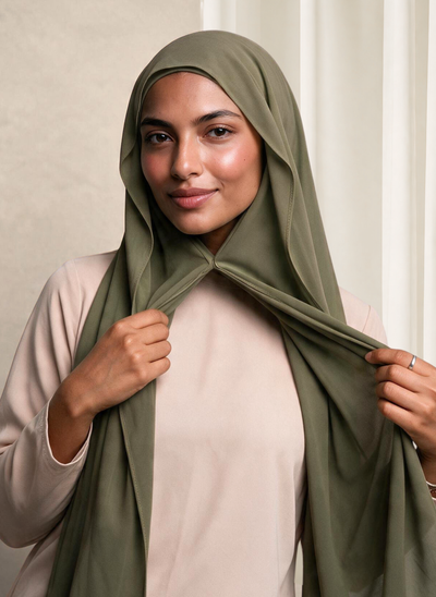 Woman wearing NurAmira Instant Chiffon Hijab in Olive green shade, magnet closure style.