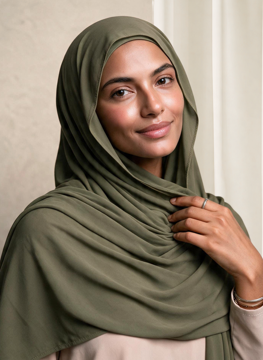 Woman wearing NurAmira Instant Chiffon Hijab in Olive green shade, draped over shoulder style.
