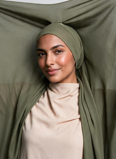 Woman wearing NurAmira Instant Chiffon Hijab in Olive green shade, undercap style.