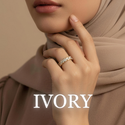 Woman wearing Soraya crystal ring in ivory with soft neutral hijab