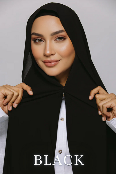 Instant chiffon hijab in black worn with undercap and built-in magnets