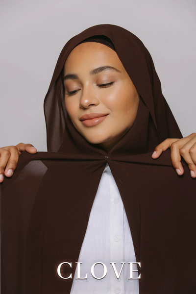Instant chiffon hijab in dark brown worn with undercap