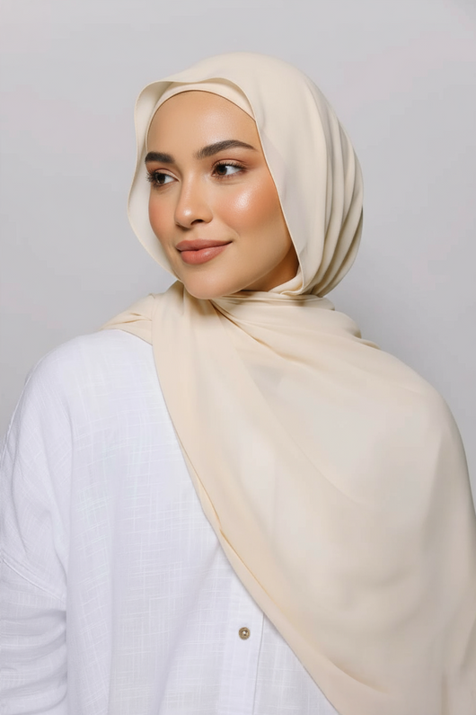 Instant chiffon hijab in beige worn from side angle