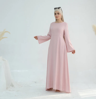 Linen abaya in pink worn from right side angle